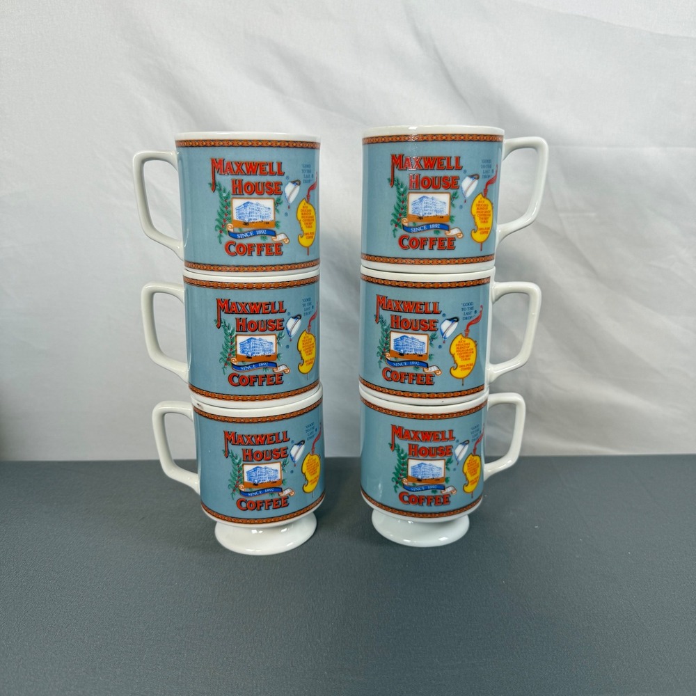 Maxwell House Coffee Mugs Set of 6‎ Vintage Pedestal Blue 1980s Collectible